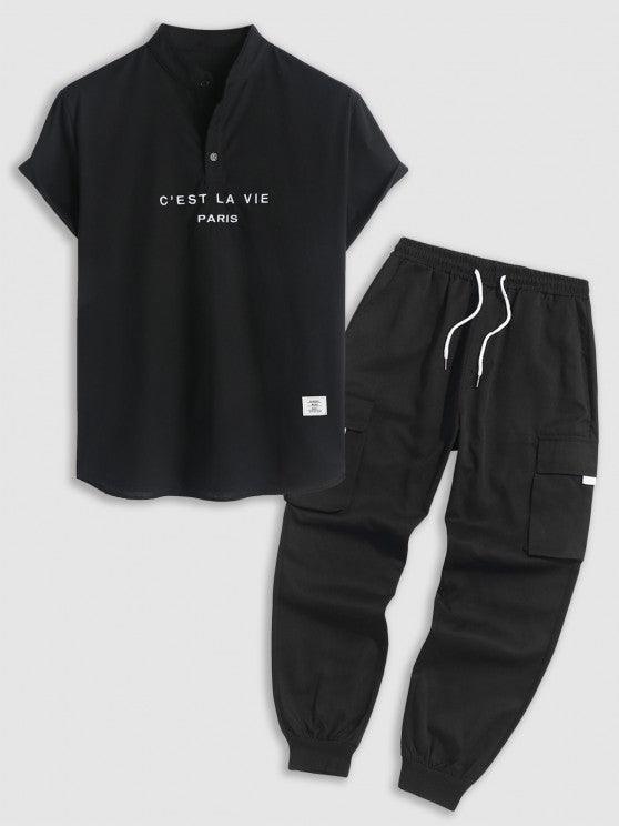 Embroidered Shirt And Casual Jogger Cargo Pants Set-My 3D Hoodie