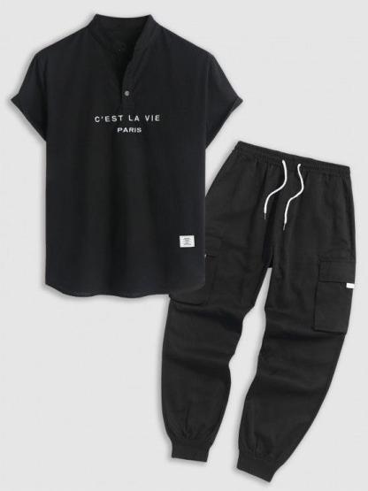 Embroidered Shirt And Casual Jogger Cargo Pants Set-My 3D Hoodie