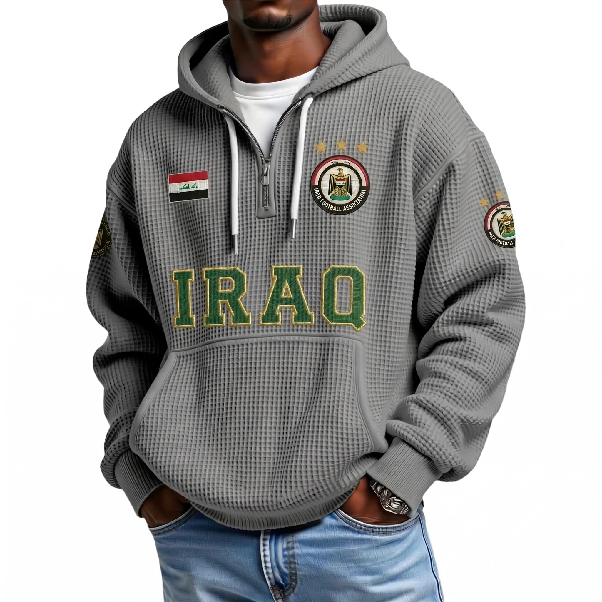 Iraq Printed Waffle Quarter Zip Football Fan Hoodie