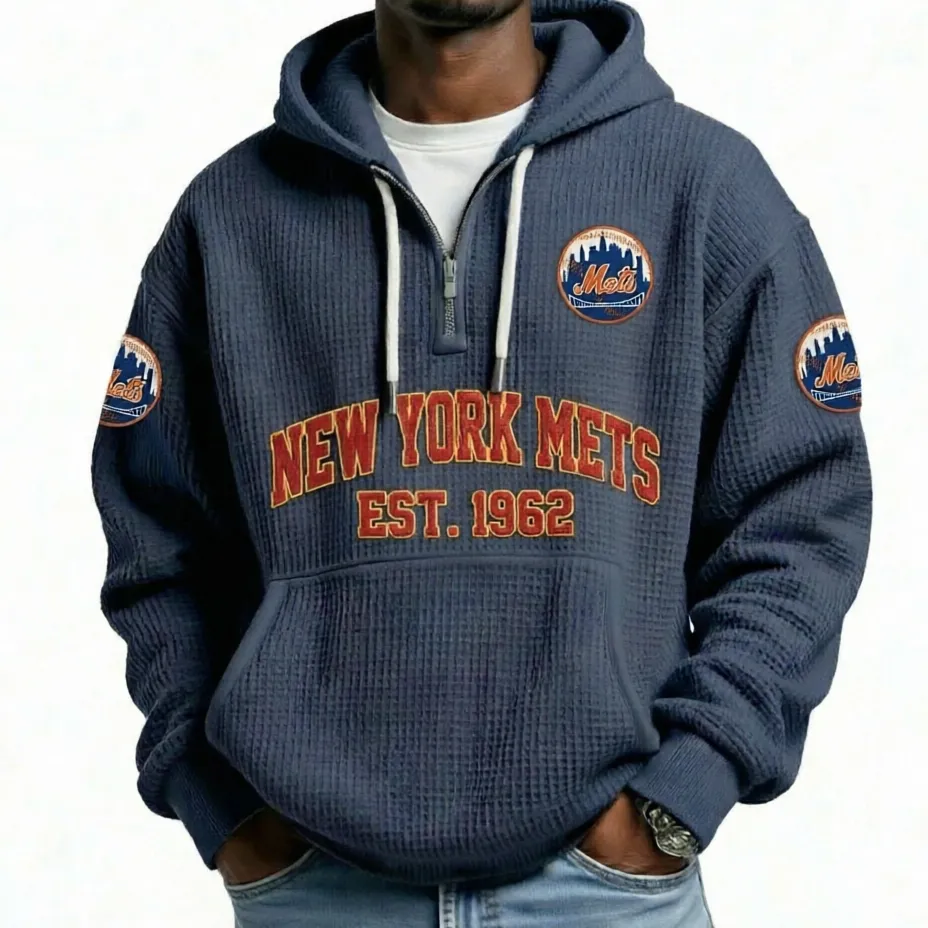 New York Mets EST 1962 Printed Waffle Quarter Zip Baseball Fan Hoodie