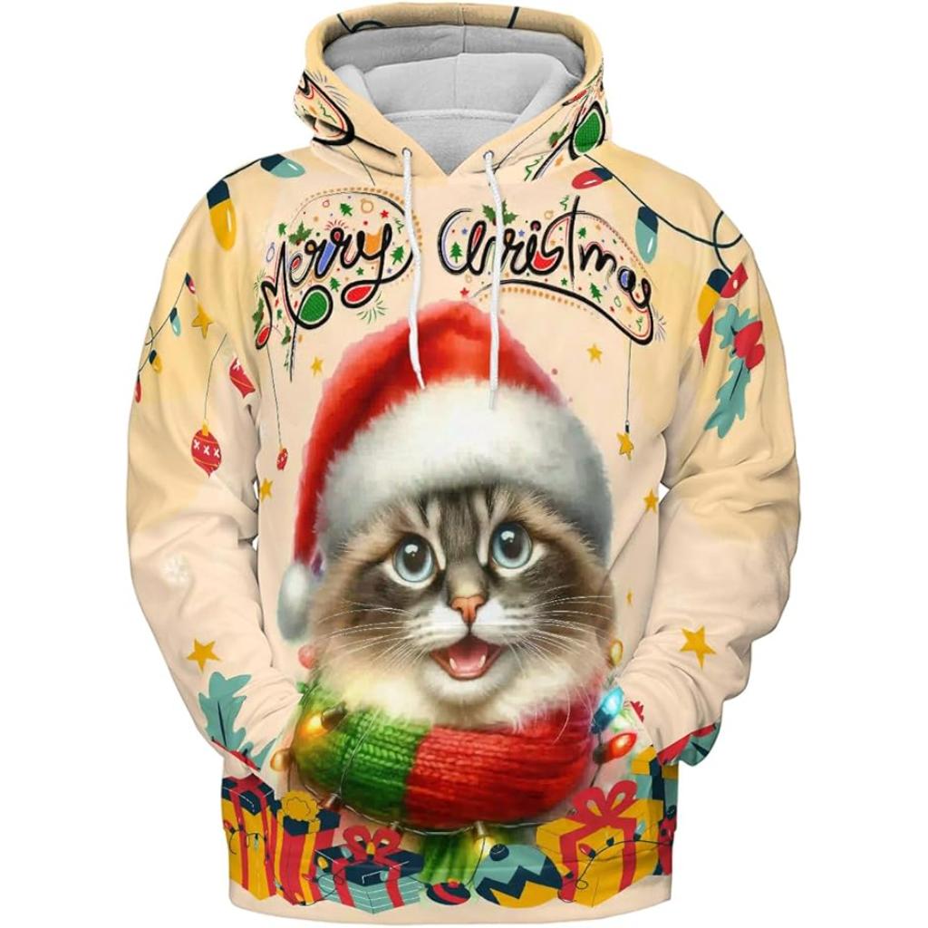 Christmas Cat Twinkling Lights All Over Print 3D Hoodie
