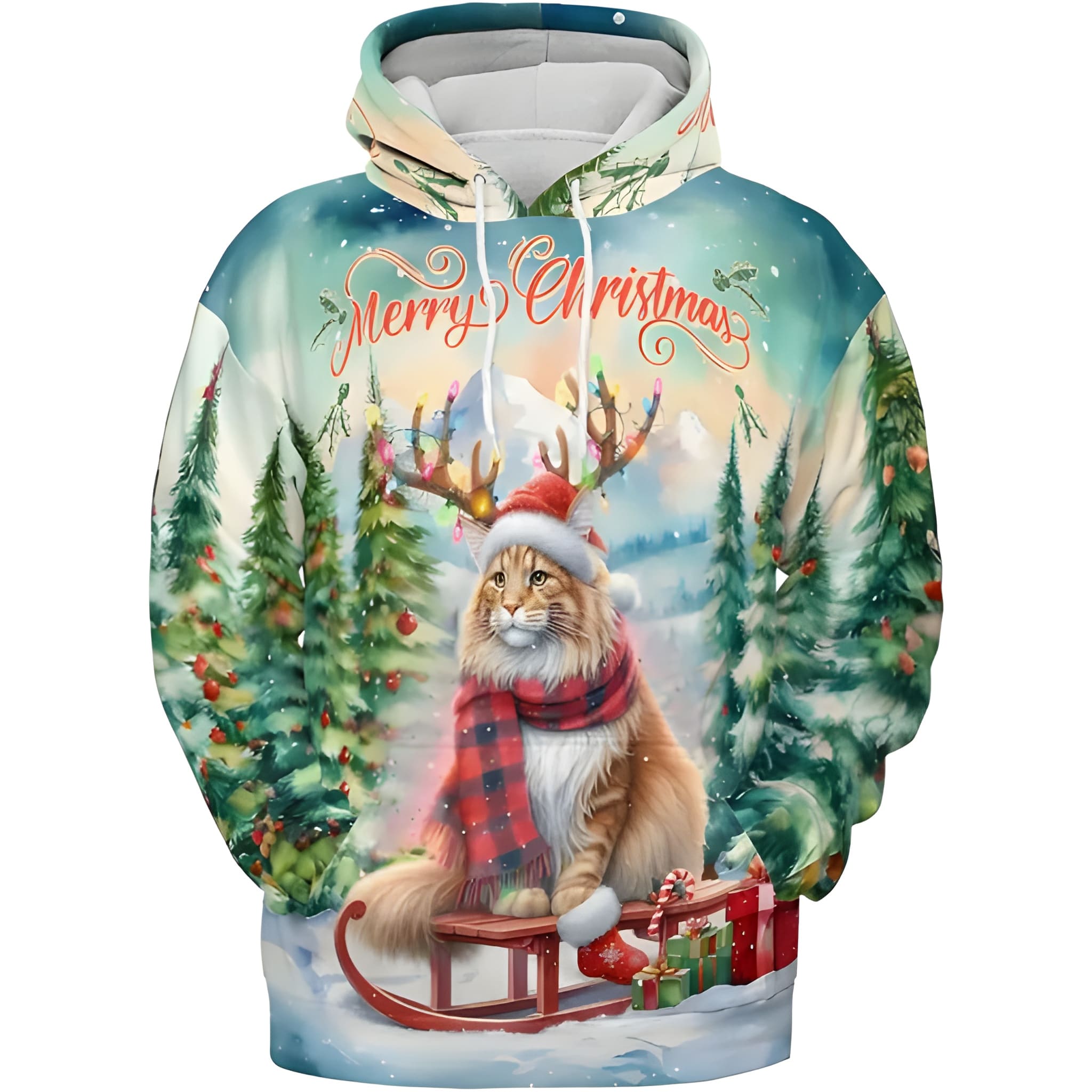 Merry Christmas Cat Reindeer Antler Hoodie Sweatshirt