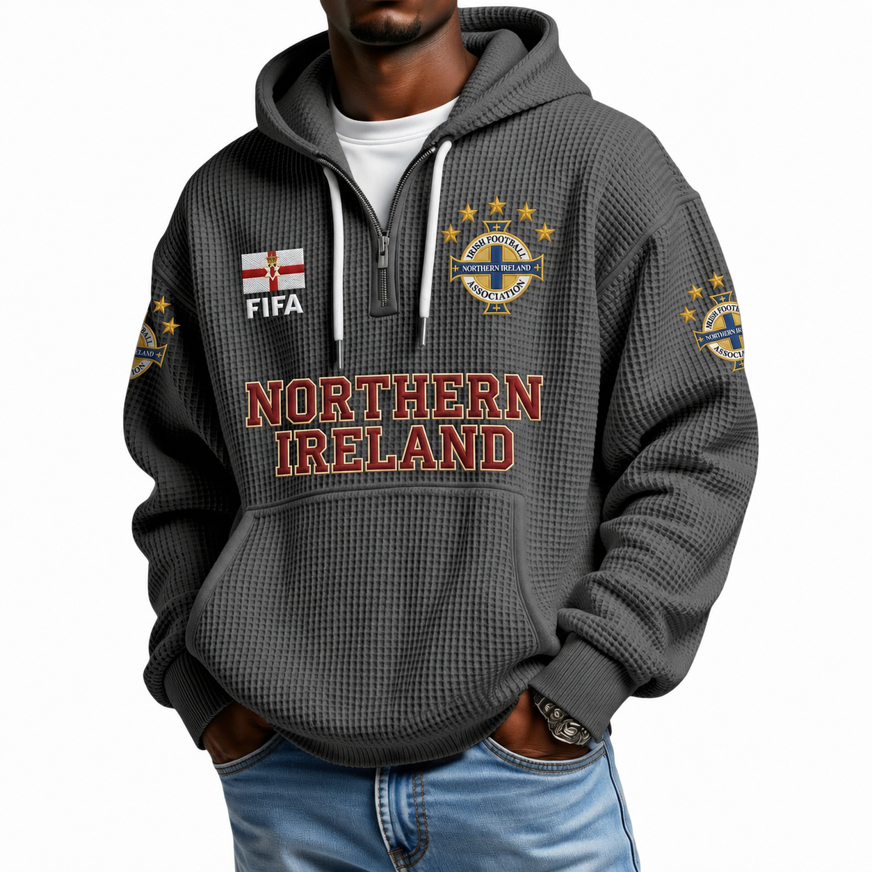 FIFA 2026 Northern Ireland Printed Waffle Quarter Zip Football Fan Hoodie