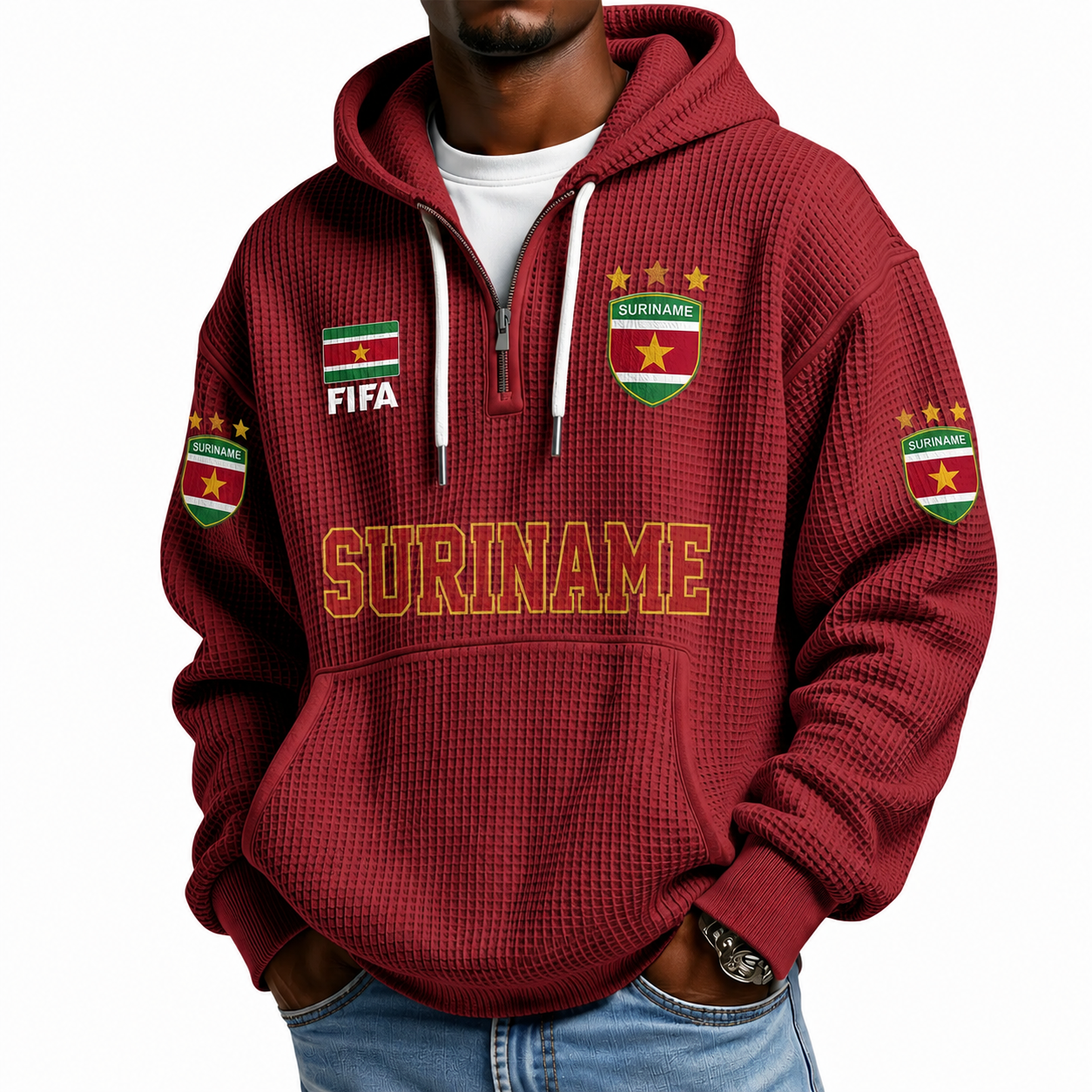 FIFA 2026 Suriname Printed Waffle Quarter Zip Football Fan Hoodie