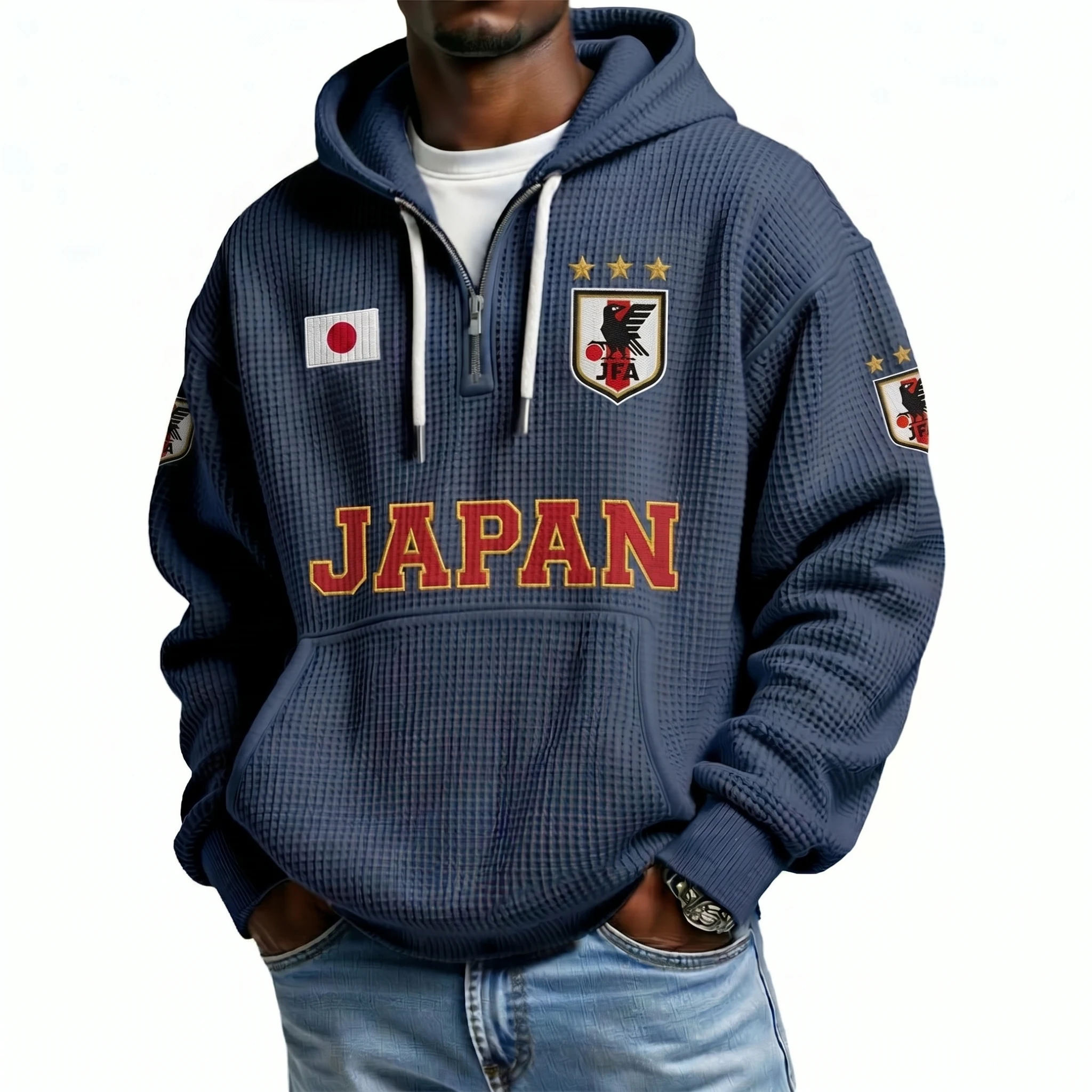 Japan Printed Waffle Quarter Zip Football Fan Hoodie