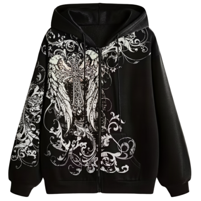 Women Gothic Angel Wings and Cross Graphic Hoodie