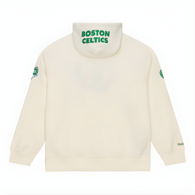 Men Boston Celtics Mitchell & Ness Cream Hardwood Classics Chainstitch Premium Fleece Hoodie