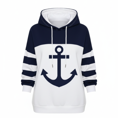 Women Casual Color Block Hoodie With an Anchor Print And Long Sleeves