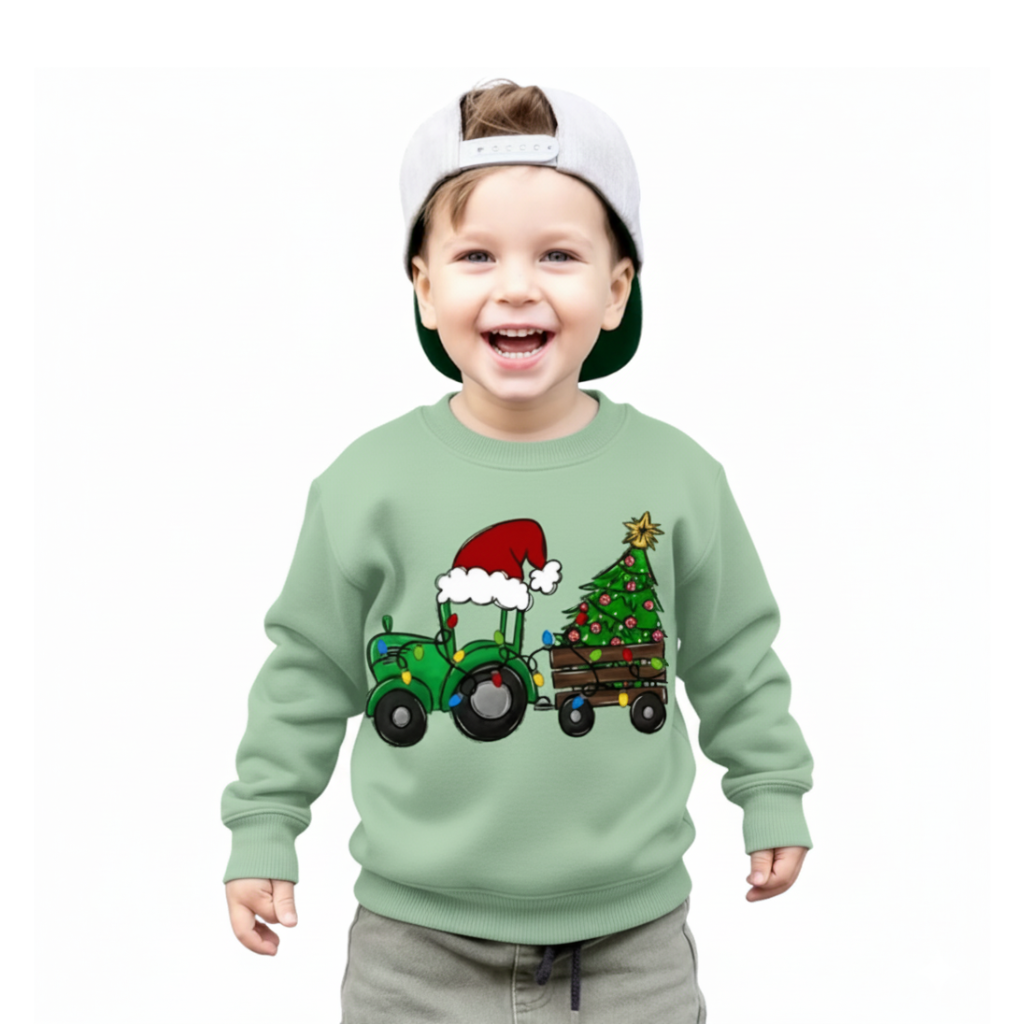 Winter  Sweatshirt With Tractor Christmas Tree Print For Boys