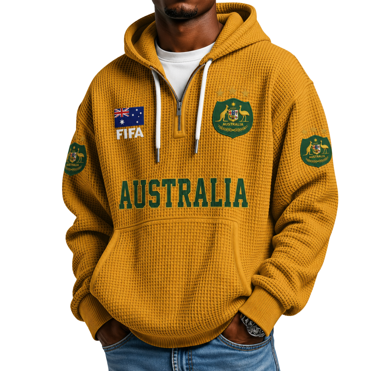 FIFA 2026 Australia Printed Waffle Quarter Zip Football Fan Hoodie
