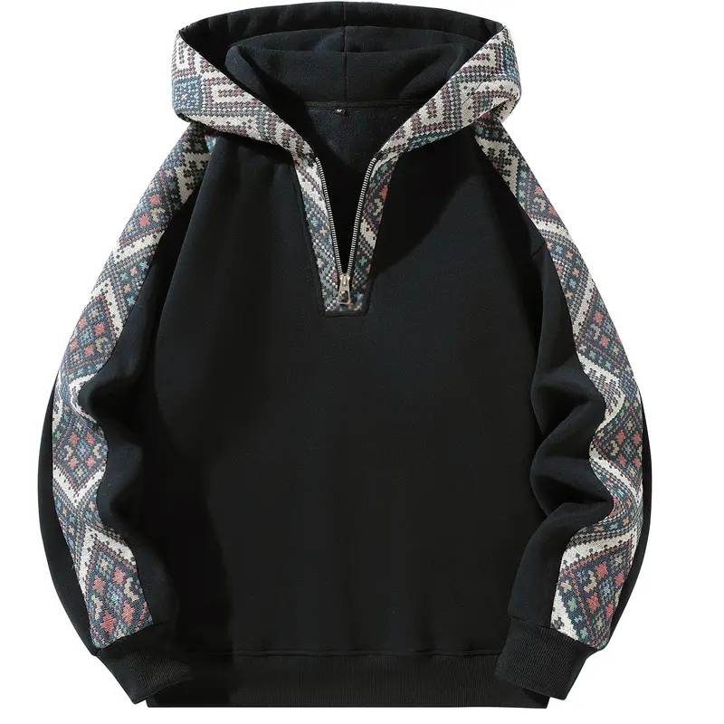 Casual Long Sleeve Ethnic Pattern Quarter Zip Pullover Hoodie For Men