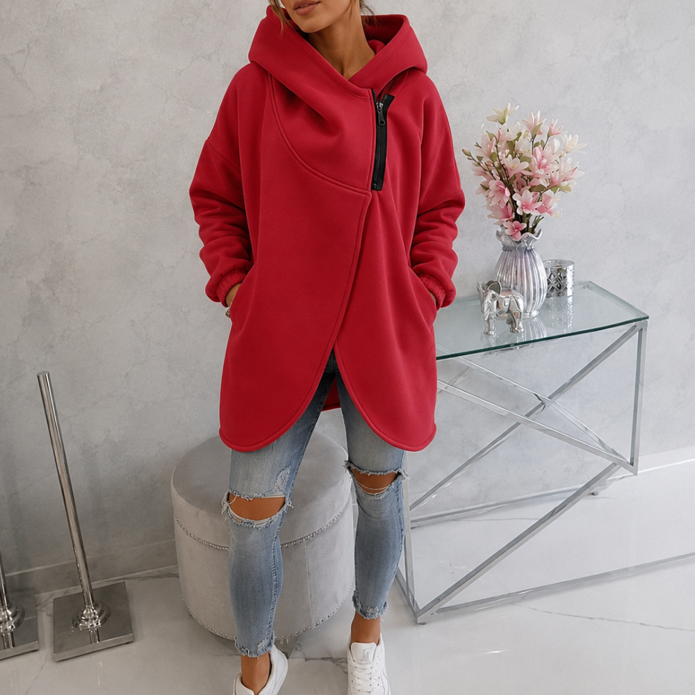 Women Plus Size Half Zip Fleece Hoodie With Asymmetrical Hem