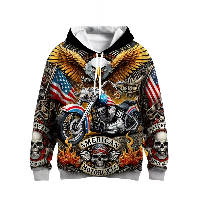 Men American Flag Hoodie With Eagle Motorcycle Graphic Pullover