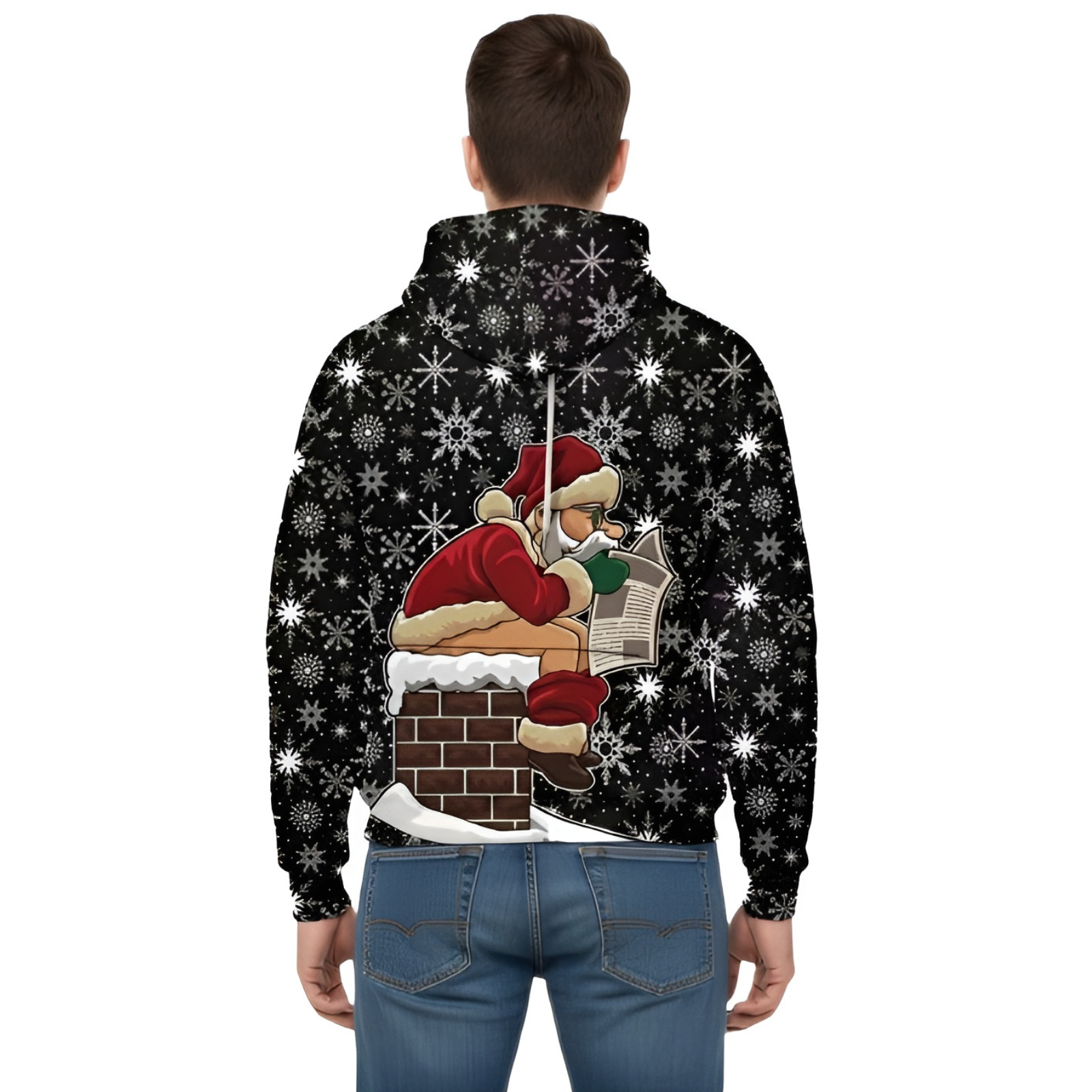 Black with Red and White Holiday Print Christmas Santa Claus Hoodie for Men