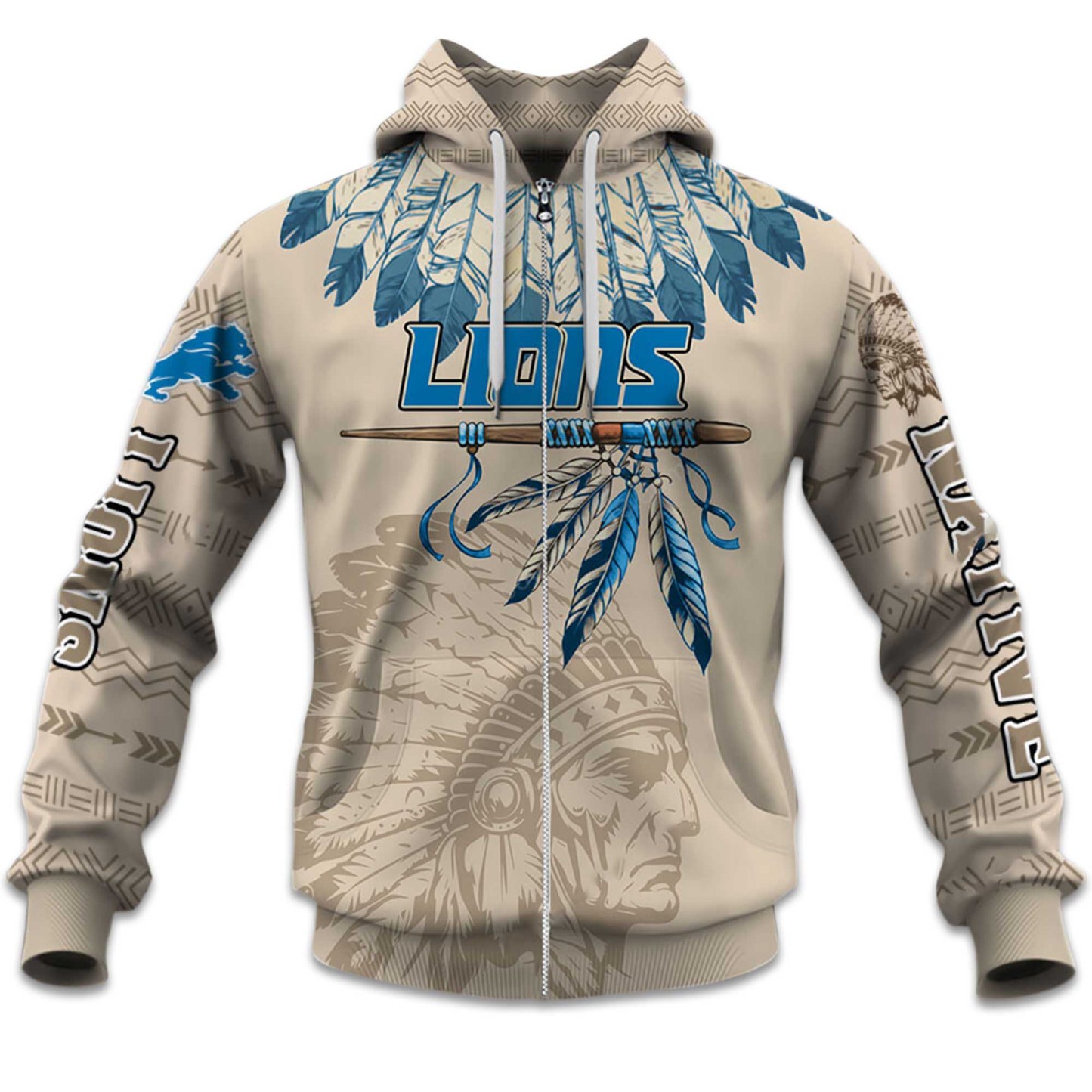 2025 Personalized Lions Football Native American Heritage Zipper Hoodie