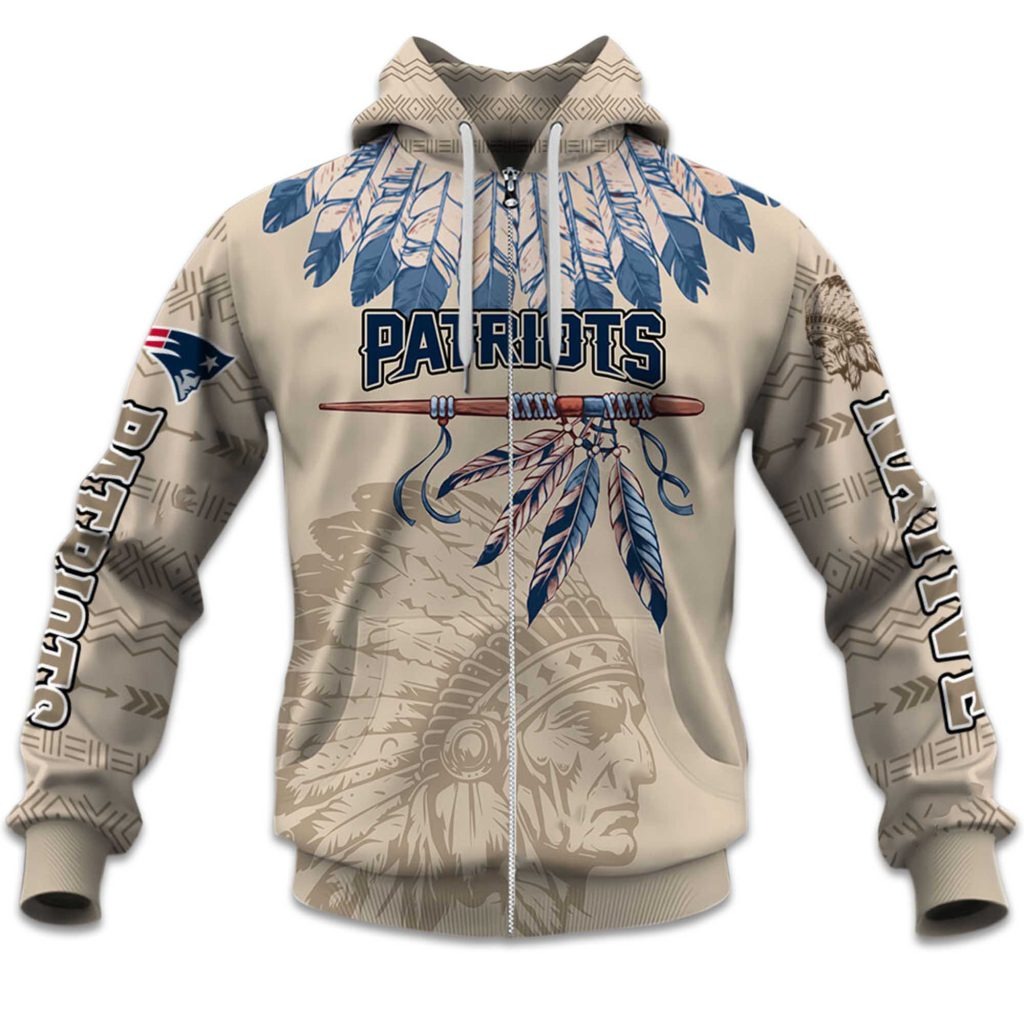 Personalized New England Patriots Football Team Themed Zipper Hoodie With Native American Design