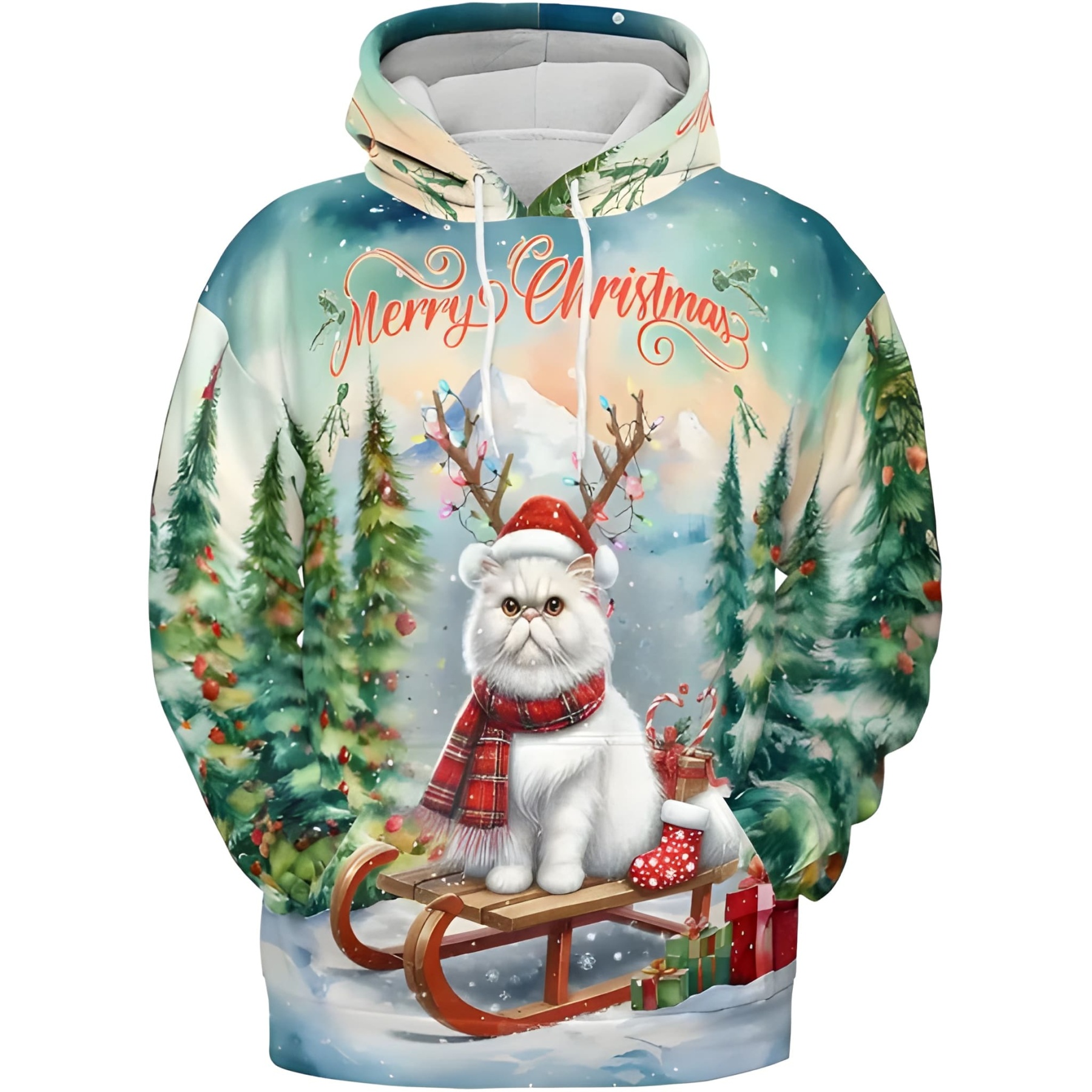 Merry Christmas Cat Reindeer Antler Hoodie Sweatshirt
