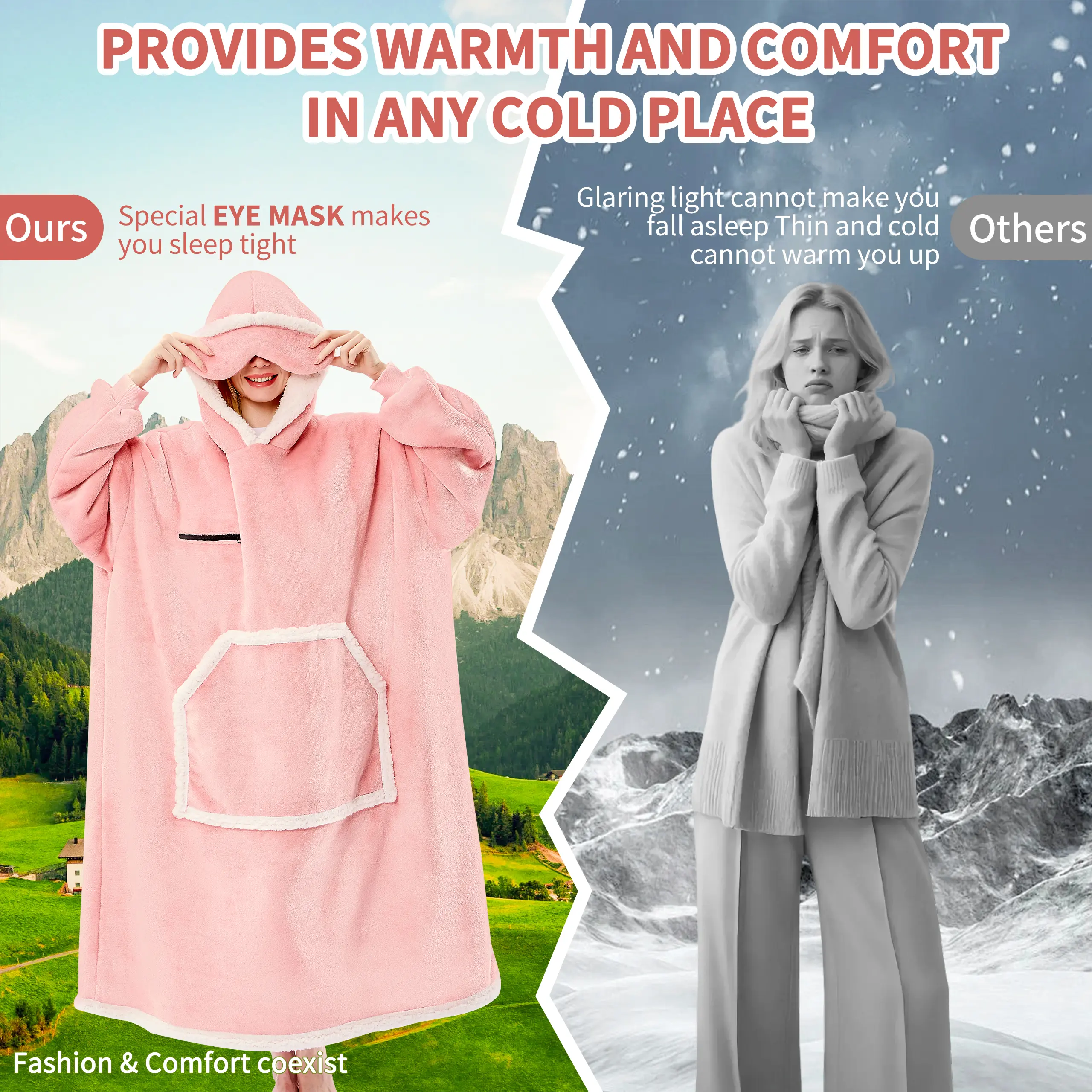 Eyemask Sleeping Oversized Long Wearable Blanket Hoodie for Adult One Size