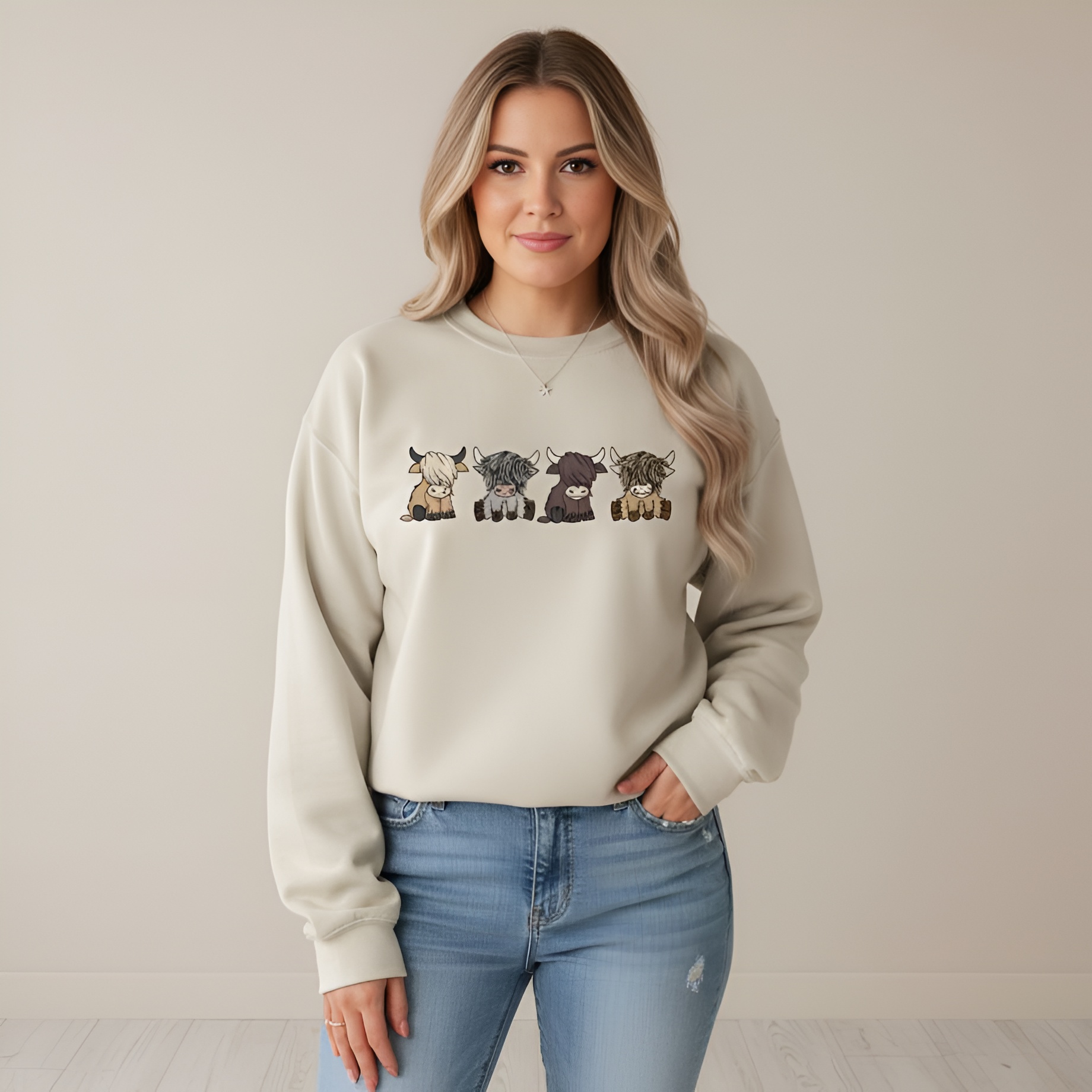 Cartoon Highland Cow Graphic Print Sweatshirt