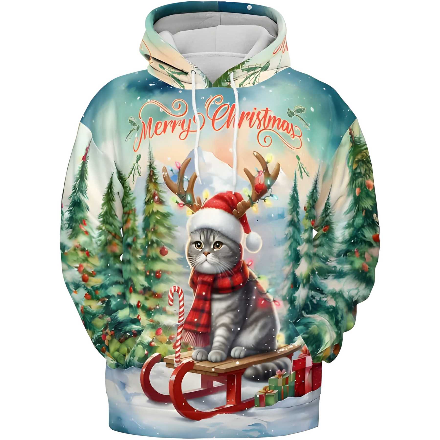 Merry Christmas Cat Reindeer Antler Hoodie Sweatshirt