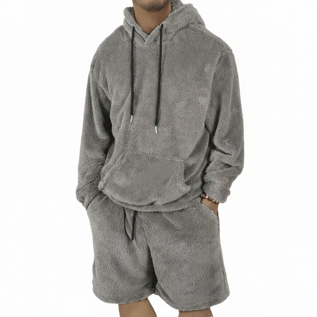 Men Fleece Pullover Hoodie And Shorts Set