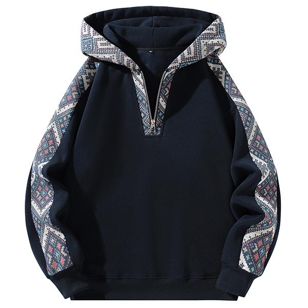 Retro Color Block Quarter Zip Knit Fitted Casual Pullover Hoodie For Men