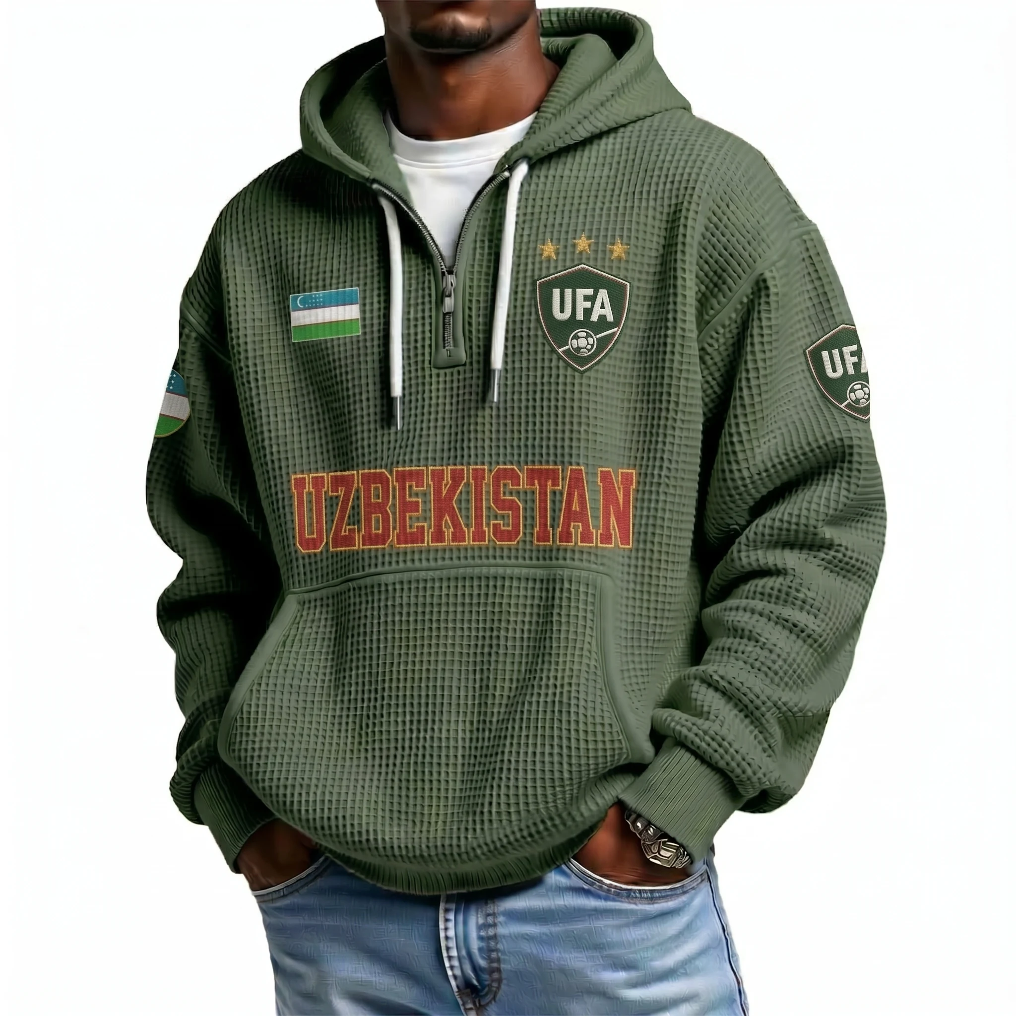 Uzbekistan Printed Waffle Quarter Zip Football Fan Hoodie