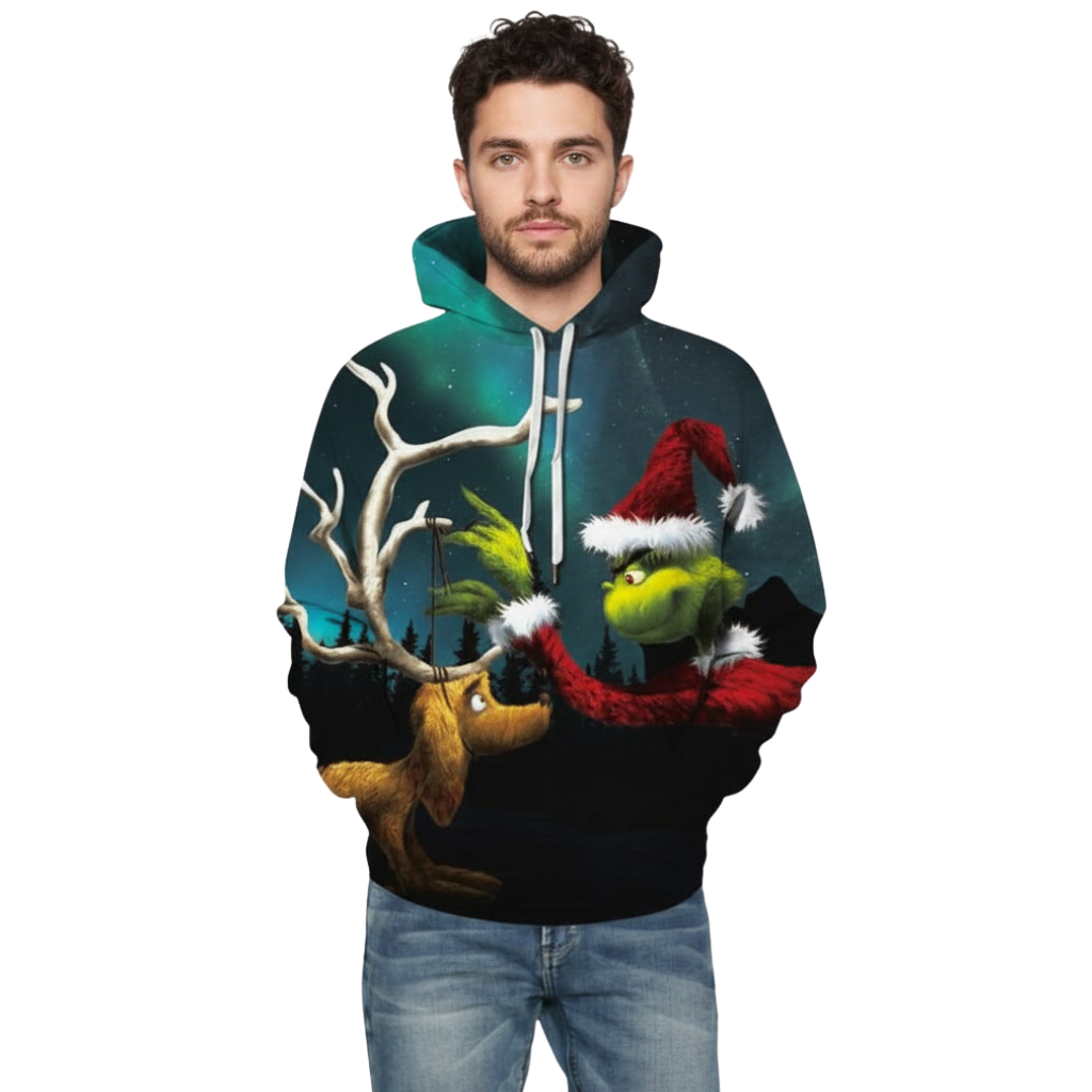 Christmas Pullover Hoodie With Santa And Deer Graphic