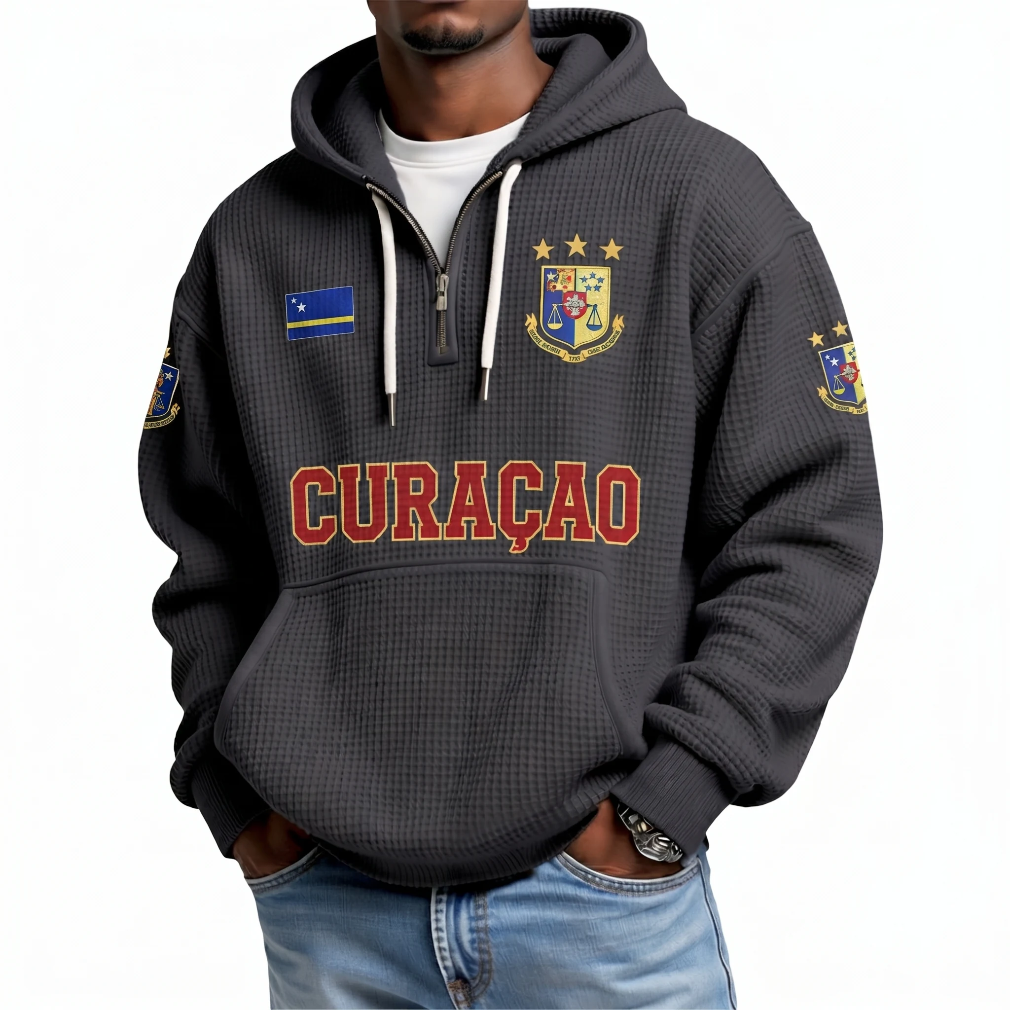 Curacao Printed Waffle Quarter Zip Football Fan Hoodie