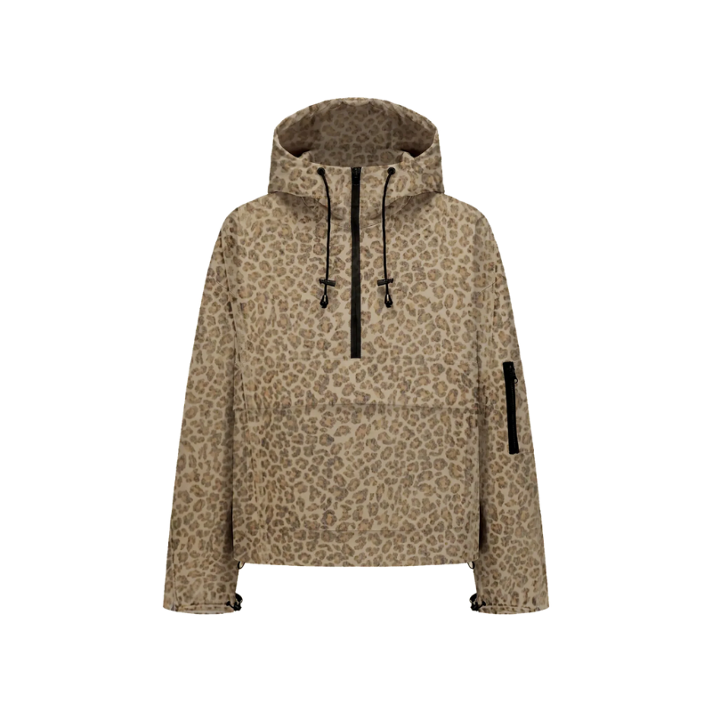 Hooded Half Zip Leopard Print Pullover Hoodie
