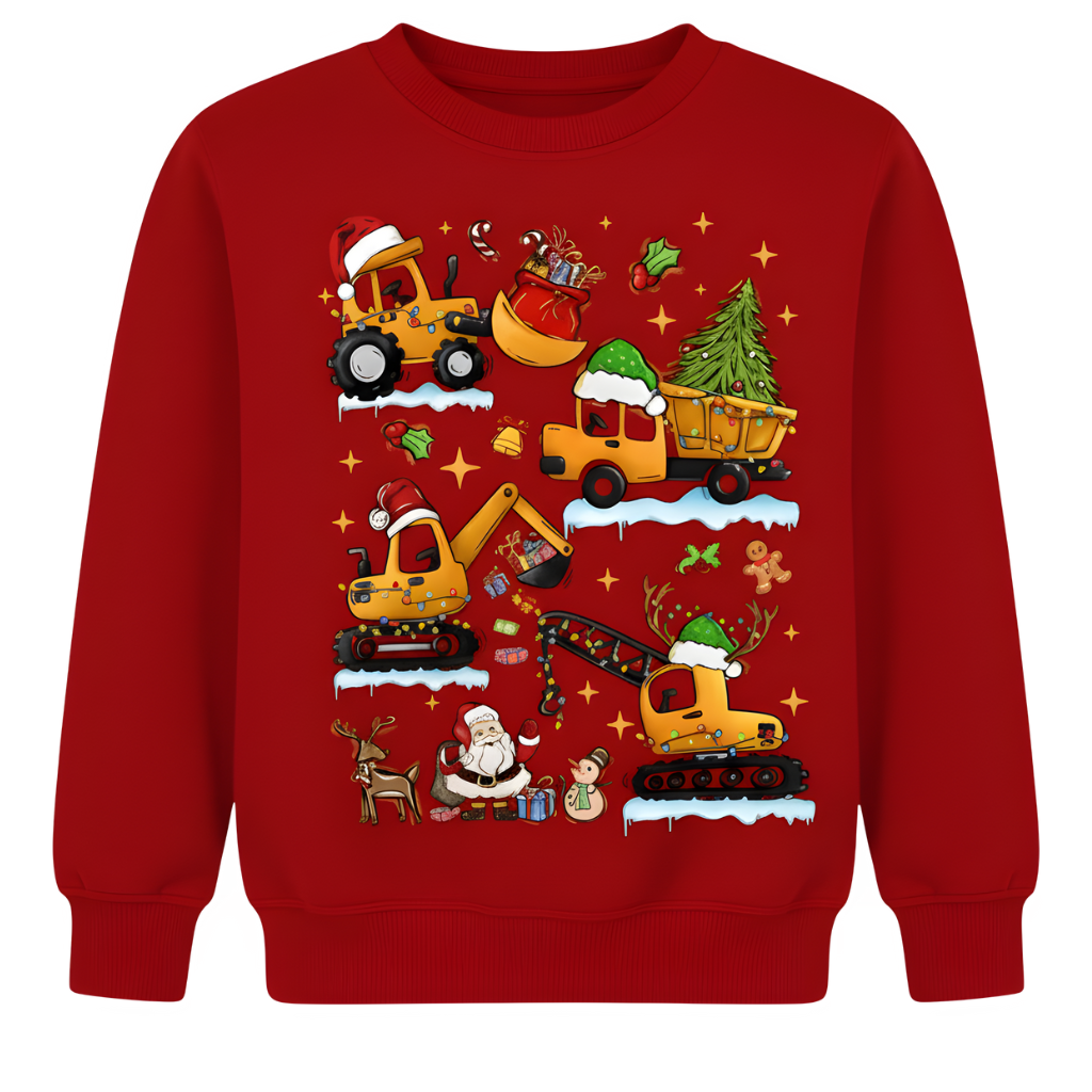 Warm Fleece Sweatshirt With Christmas Construction Cars Print For Boys