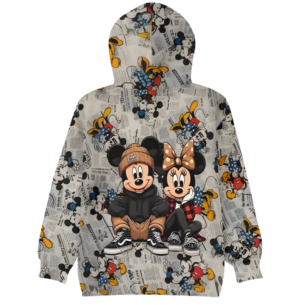 Mickey And Minnie Retro Newspaper Print Oversized Hoodie For Womens
