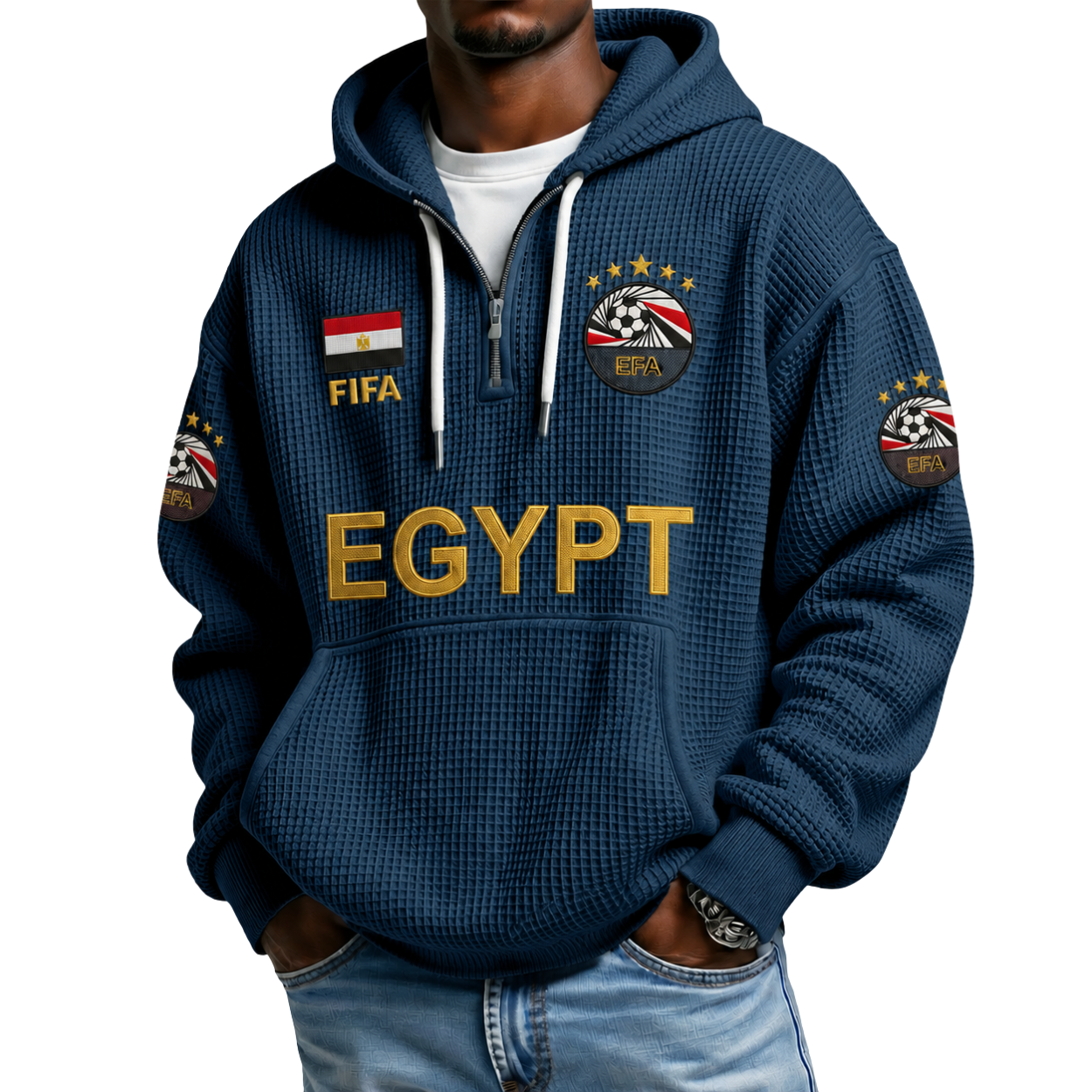 FIFA 2026 Egypt Printed Waffle Quarter Zip Football Fan Hoodie