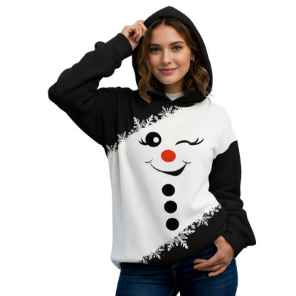 Women Christmas Snowman Winking Hoodie with Snowflake Contrast Sleeves