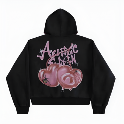 Goth Style Zip Hoodie With Spider And Cherry Print