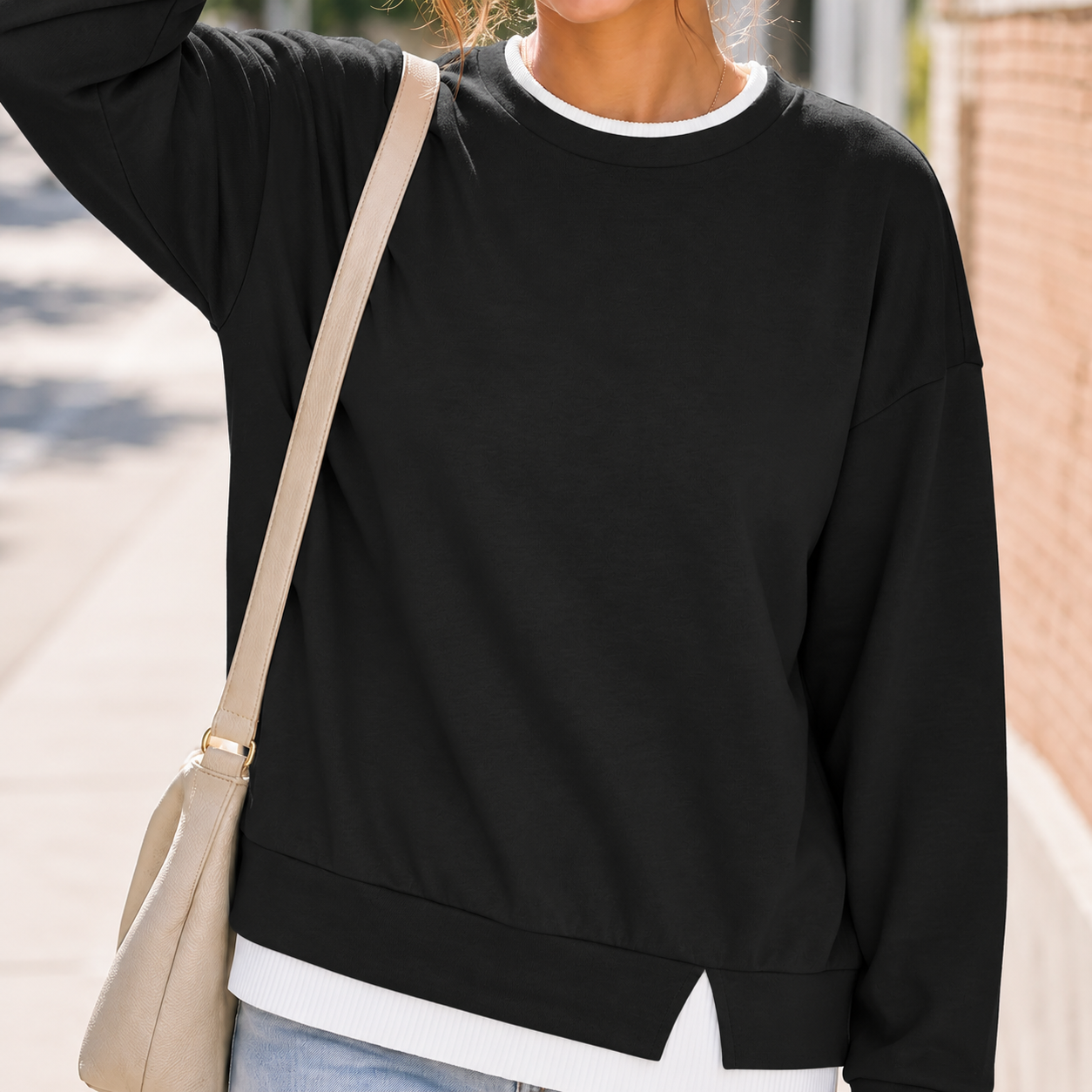 Casual Oversized Long Ribbed Layered Crew Sleeve Drop Sweatshirt For Women
