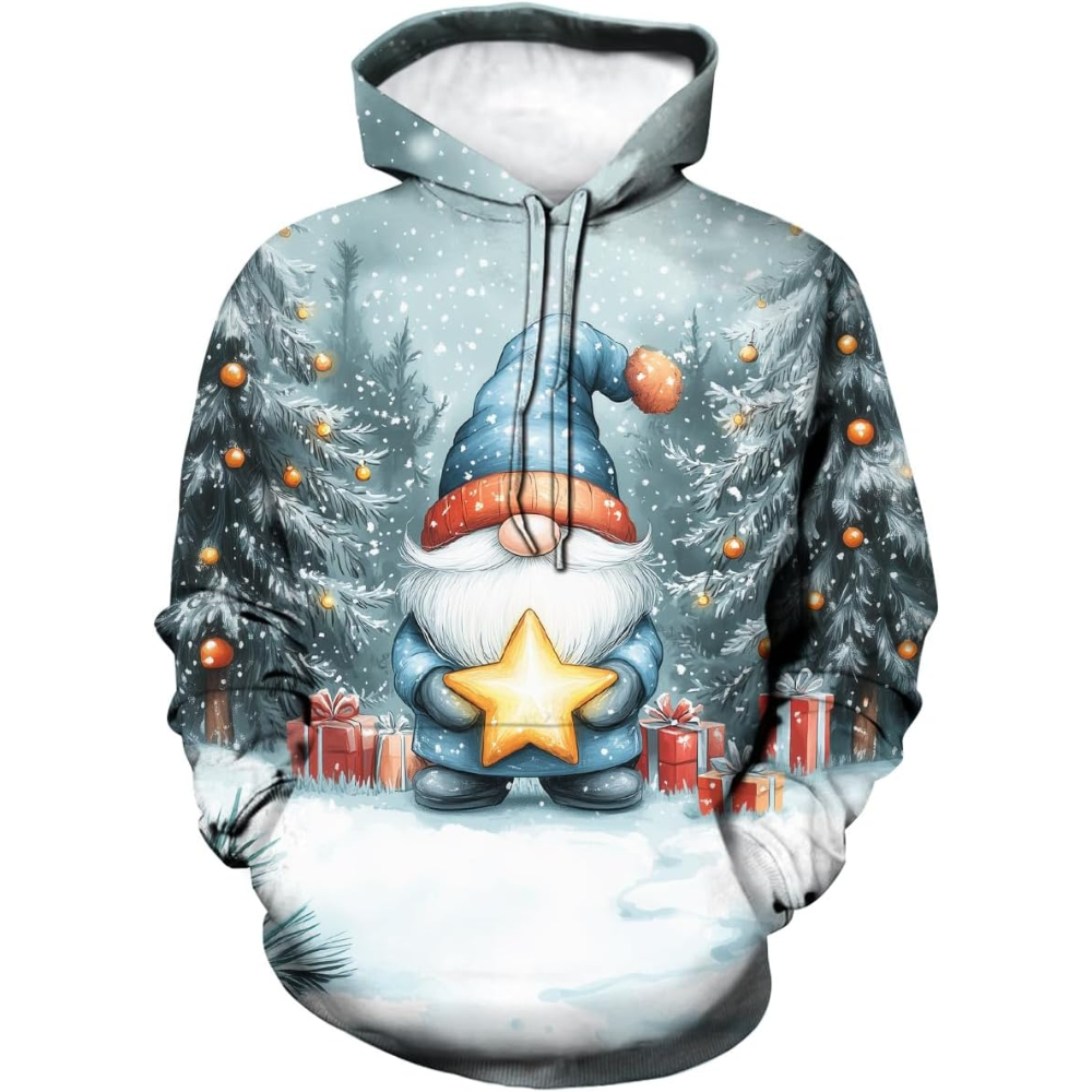 3D Christmas Gnome Themed Print Hooded Pullover