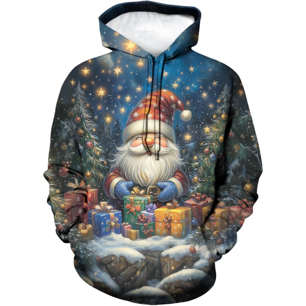 3D Christmas Gnome Themed Print Hooded Pullover