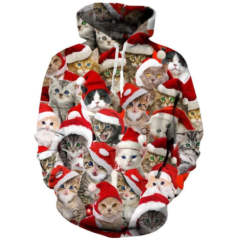 3D Santa Printed Ugly Christmas Kangaroo Pocket Hoodies