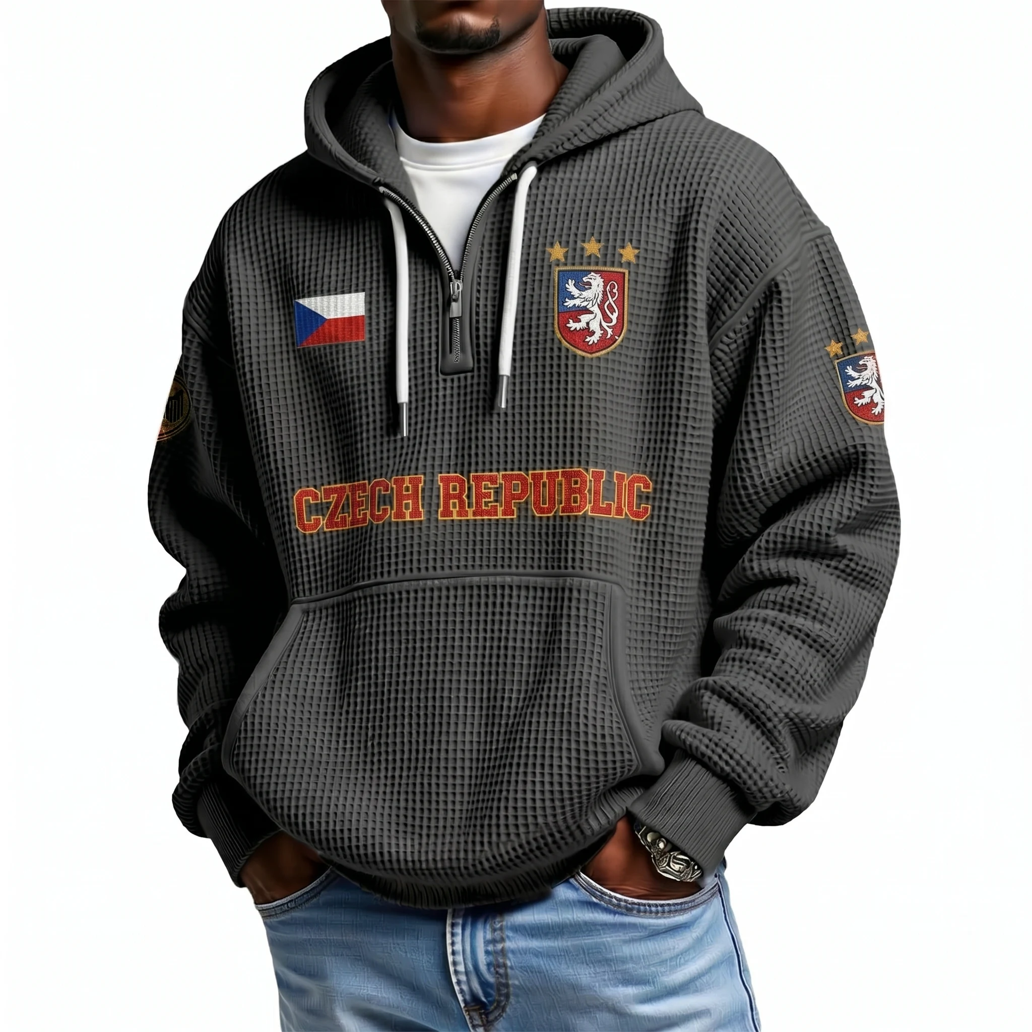 Czech Republic Printed Waffle Quarter Zip Football Fan Hoodie
