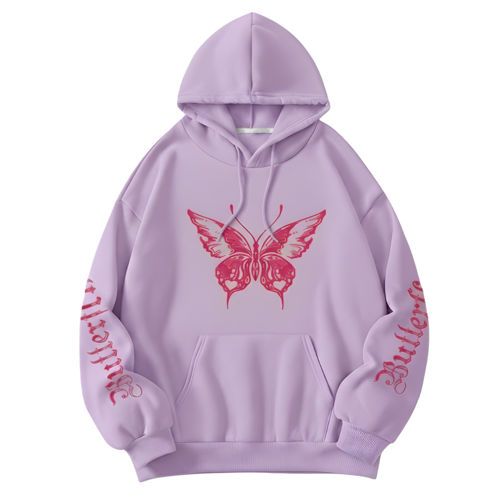 Casual Butterfly Printed Drawstring Hoodie For Women