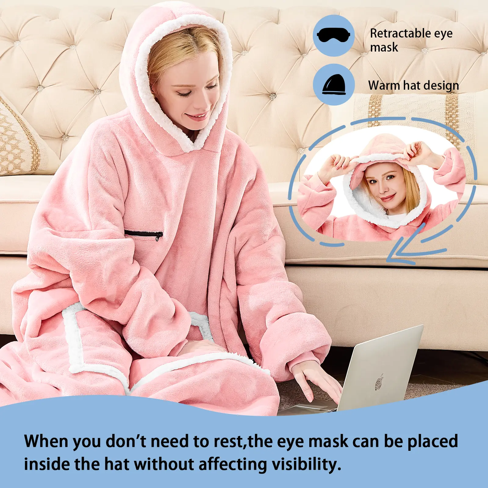 Eyemask Sleeping Oversized Long Wearable Blanket Hoodie for Adult One Size