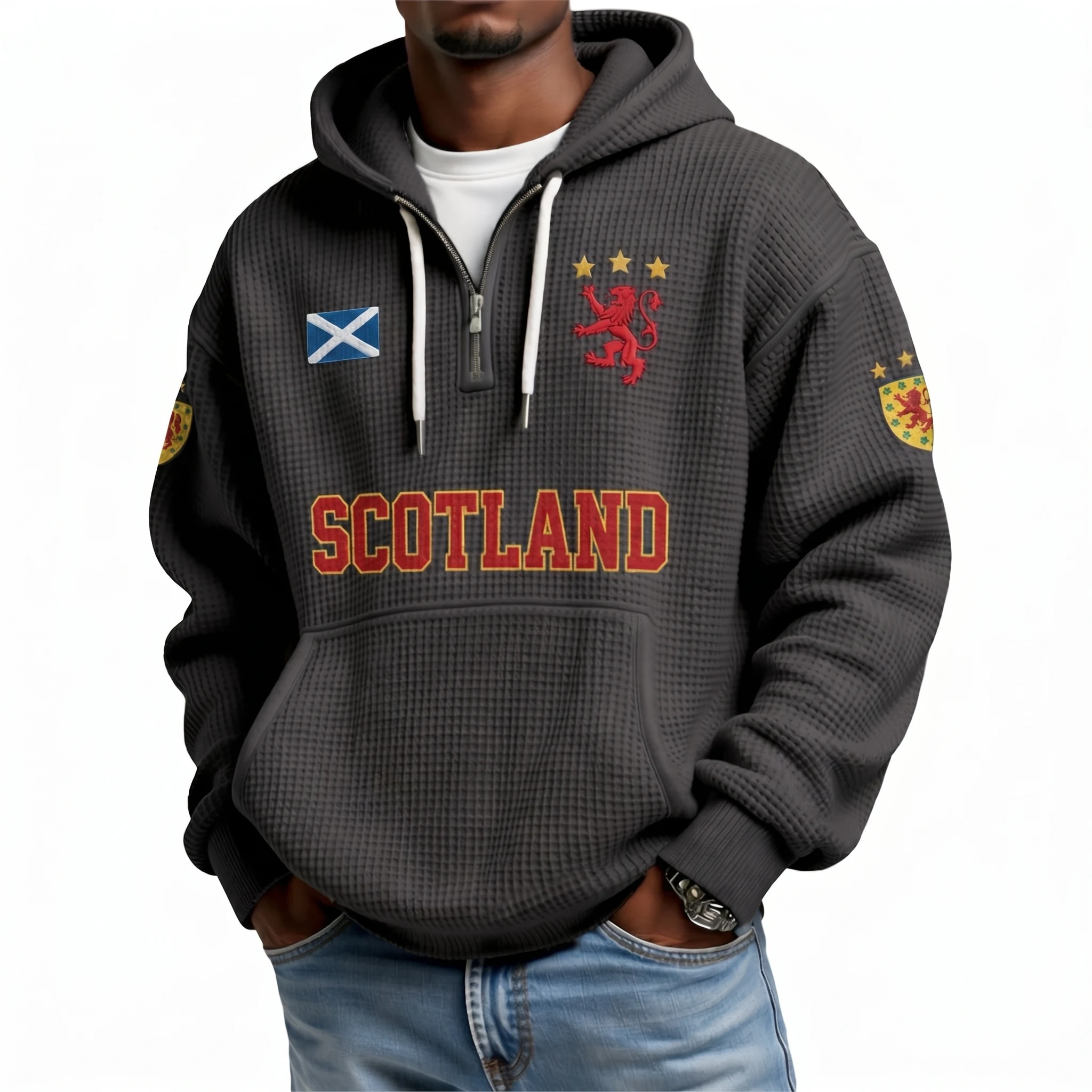 Scotland Printed Waffle Quarter Zip Football Fan Hoodie
