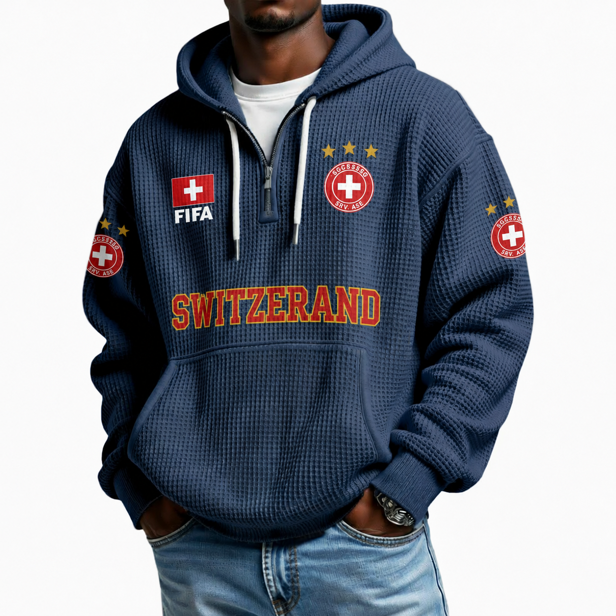 FIFA 2026 Switzerland Printed Waffle Quarter Zip Football Fan Hoodie