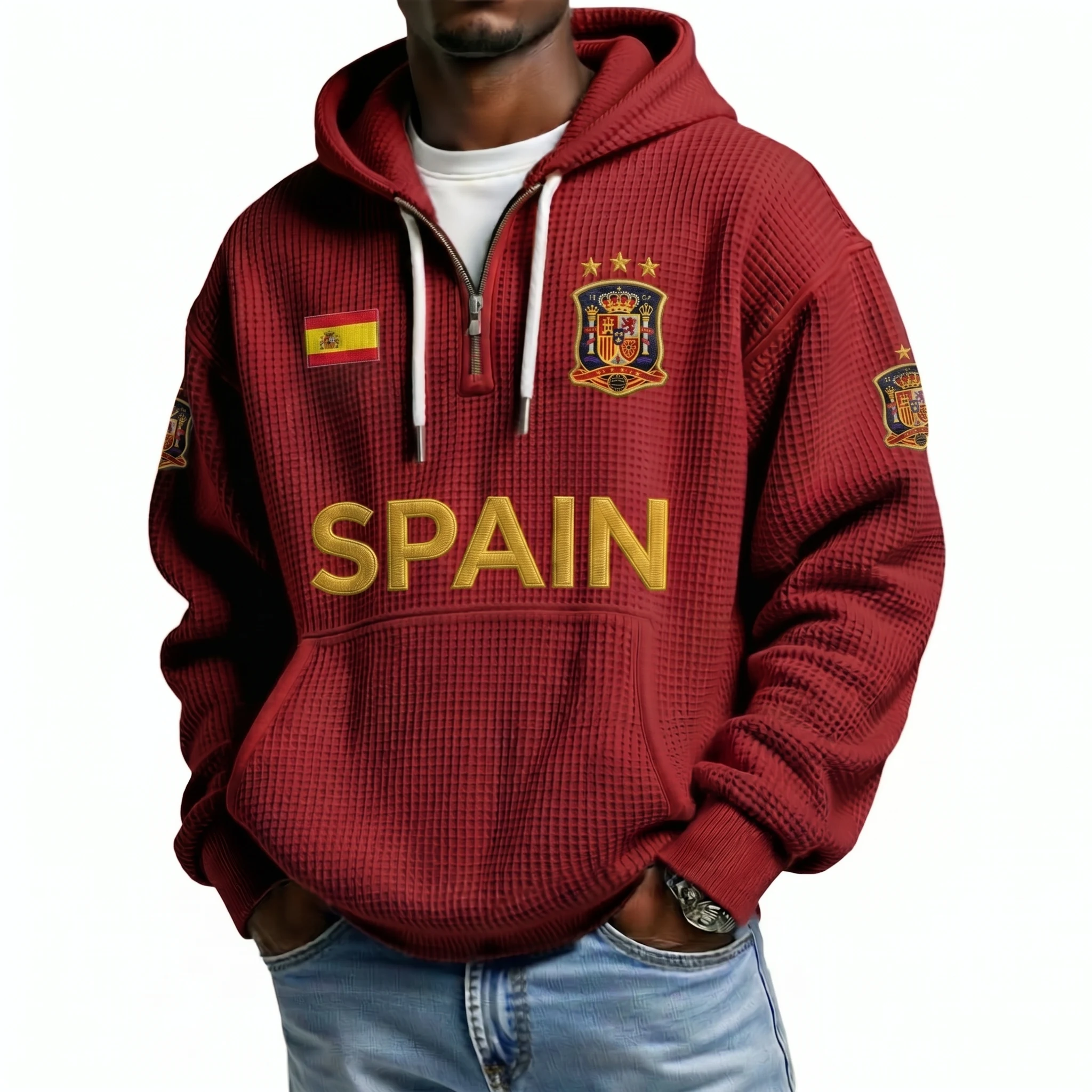 Spain Printed Waffle Quarter Zip Football Fan Hoodie