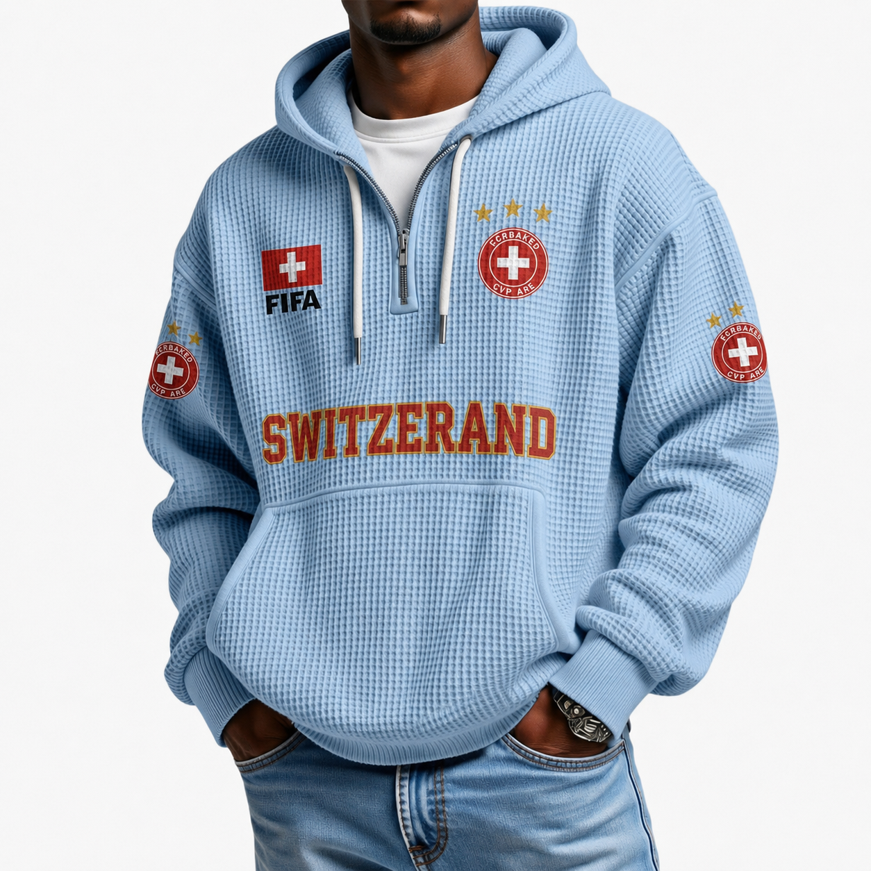 FIFA 2026 Switzerland Printed Waffle Quarter Zip Football Fan Hoodie