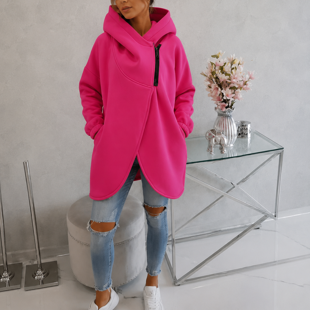 Women Plus Size Half Zip Fleece Hoodie With Asymmetrical Hem