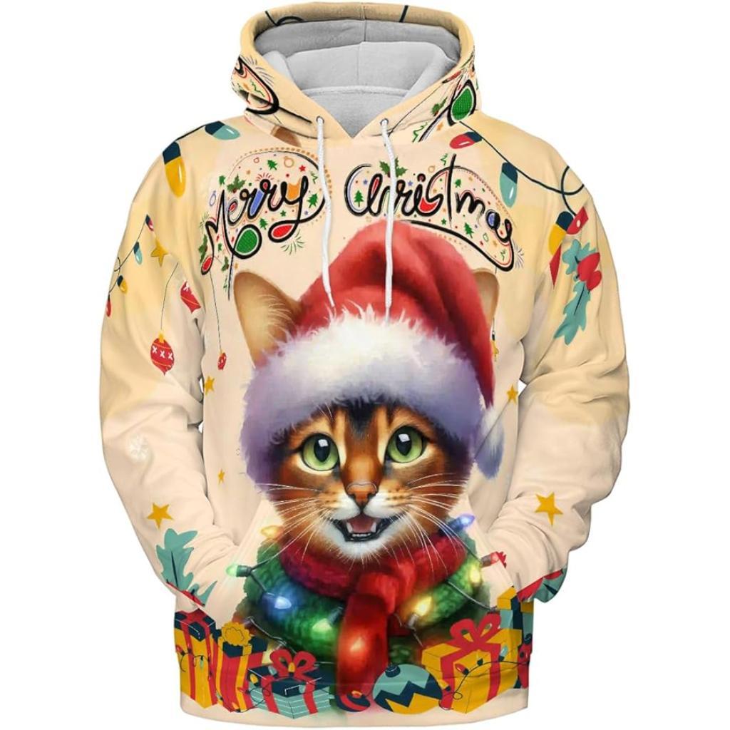 Christmas Cat Twinkling Lights All Over Print 3D Hoodie