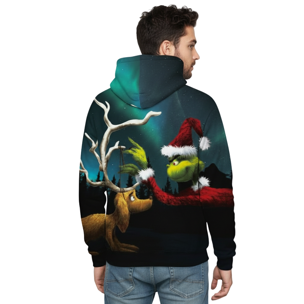 Christmas Pullover Hoodie With Santa And Deer Graphic