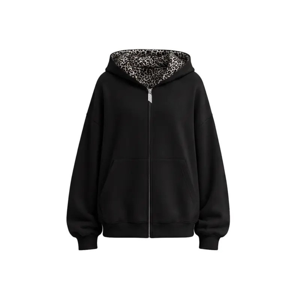 Leopard Print Oversized Cropped Zip Up Hoodie